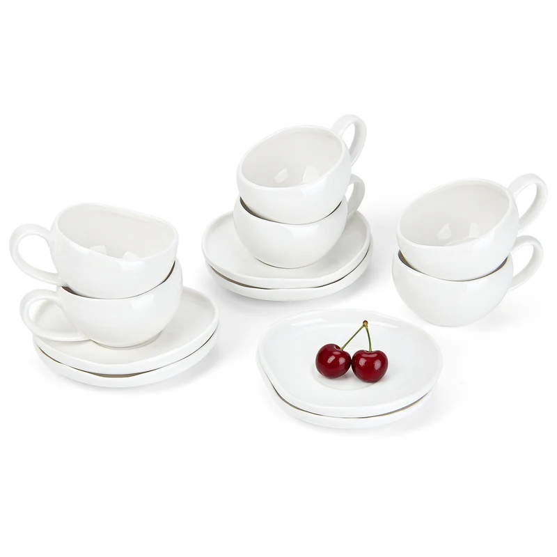 6-teiliges Keramik Espressotassen Set mit Untertassen (120ml), gewelltes Design, Weiß/Creme, mikrowellen- & spülmaschinenfest