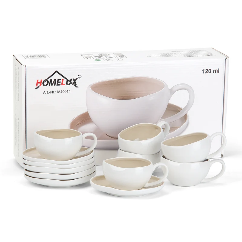 6-teiliges Keramik Espressotassen Set mit Untertassen (120ml), gewelltes Design, Weiß/Creme, mikrowellen- & spülmaschinenfest