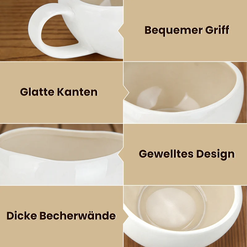 6-teiliges Keramik Espressotassen Set mit Untertassen (120ml), gewelltes Design, Weiß/Creme, mikrowellen- & spülmaschinenfest