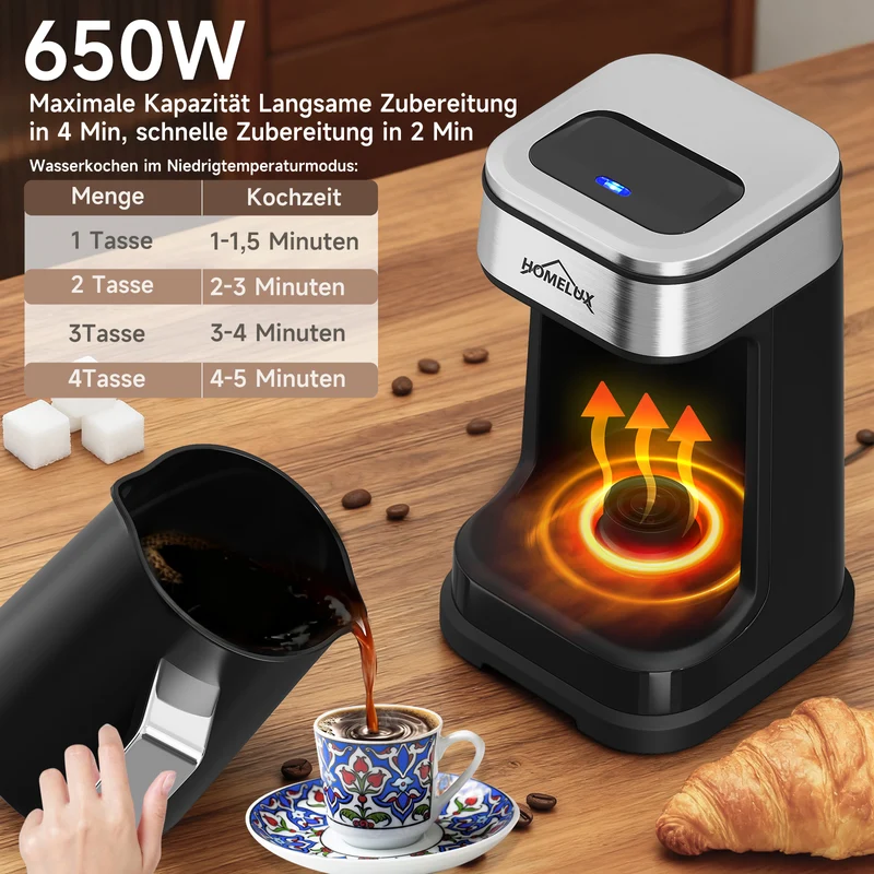 HOMELUX Türkische Kaffeemaschine 650W, Elektrischer Mokka-Zubereiter für 1-4 Tassen, 2 Brühmodi, Ein-Tasten-Bedienung, BPA-frei