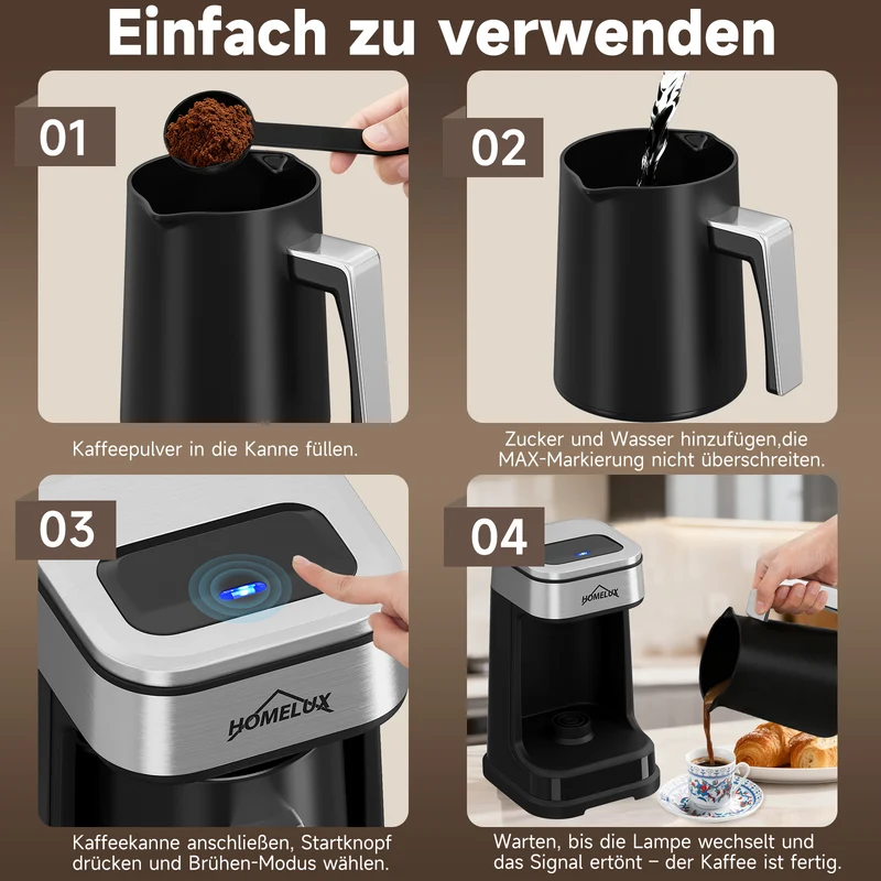 HOMELUX Türkische Kaffeemaschine 650W, Elektrischer Mokka-Zubereiter für 1-4 Tassen, 2 Brühmodi, Ein-Tasten-Bedienung, BPA-frei