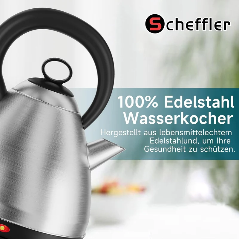 Scheffler Vintage Edelstahl-Wasserkocher 3,5L Kapazität 1800 Watt Kabelloser Teekessel mit 360° Drehbasis & Auto-Abschaltung