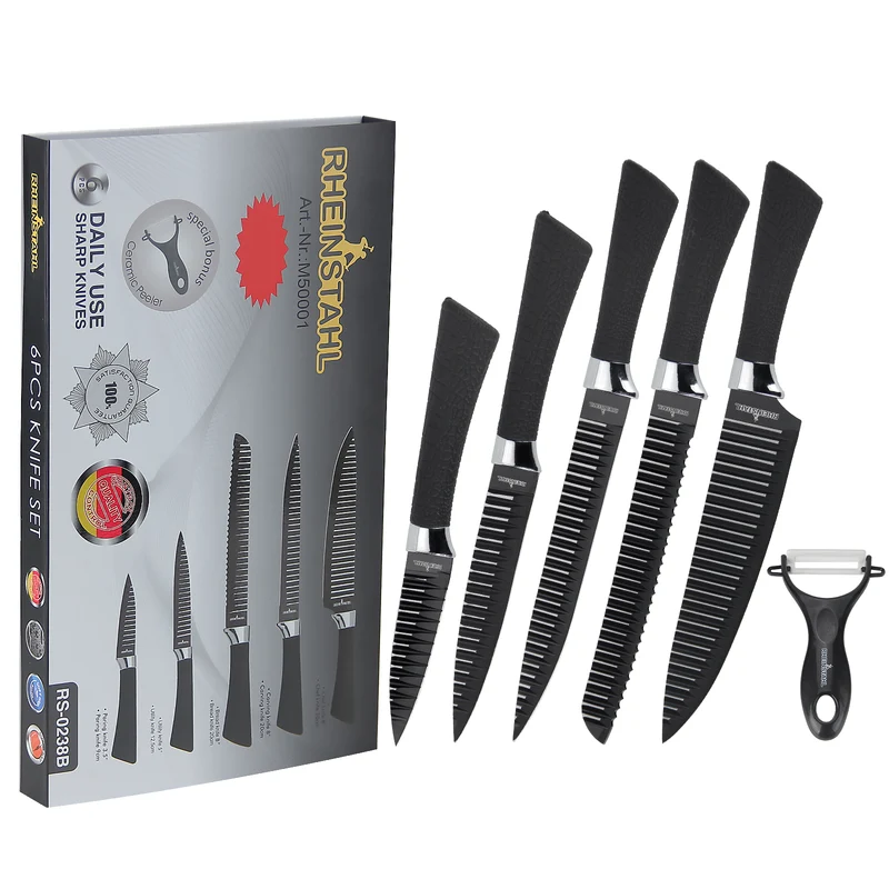6-teiliges Küchenmesserset mit Antihaft-Rillenstruktur, Edelstahl-Klingen, Geschenkbox
