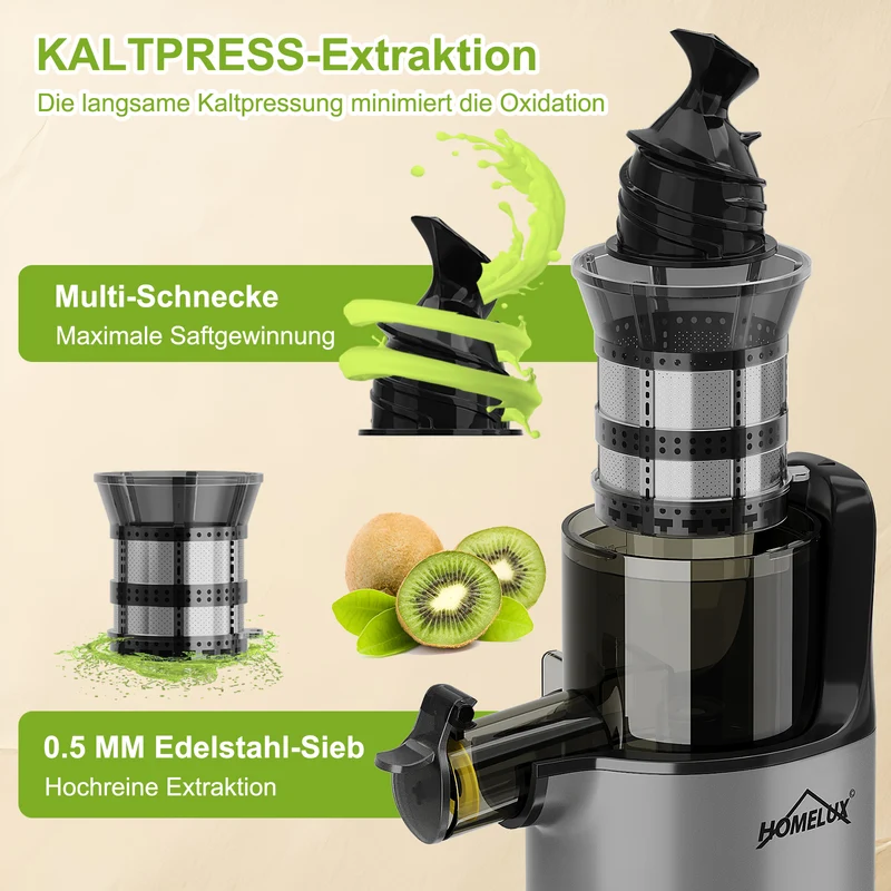 HOMELUX Slow Juicer Kaltpress Entsafter 120W 55 U/min, 85% Saftausbeute, leise 55dB, Kompakt, Leicht zu reinigen, Rückwärtsfunktion