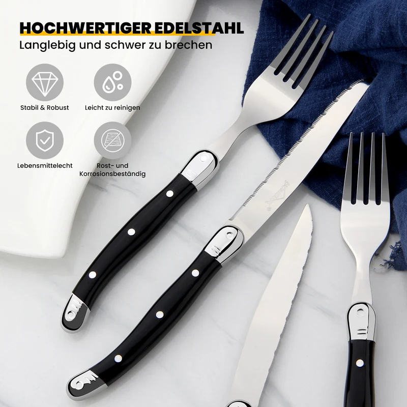 HOMELUX 12-teiliges Steakbesteck für 6 Personen, Edelstahl Besteckset mit schwarzen Griffen & edler Geschenkbox
