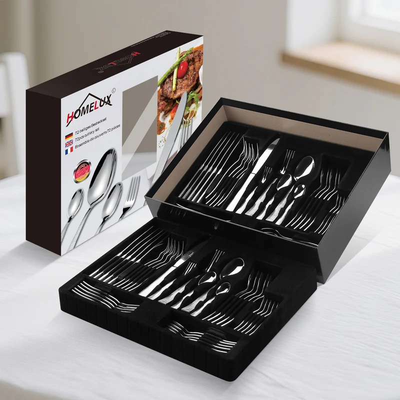 HOMELUX 72-teiliges Besteckset für 12 Personen aus Edelstahl, gehämmertes Design, hochglanzpoliert, spülmaschinenfest