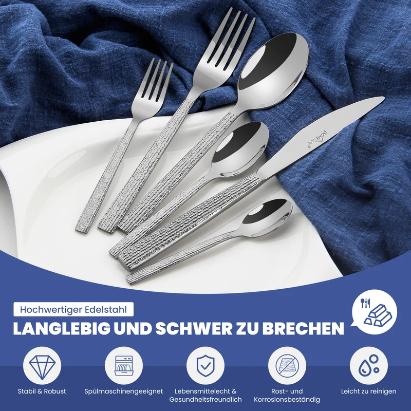 HOMELUX 72-teiliges Besteckset für 12 Personen, Edelstahl Tafelbesteck, Gehämmertes Design, Spülmaschinenfest