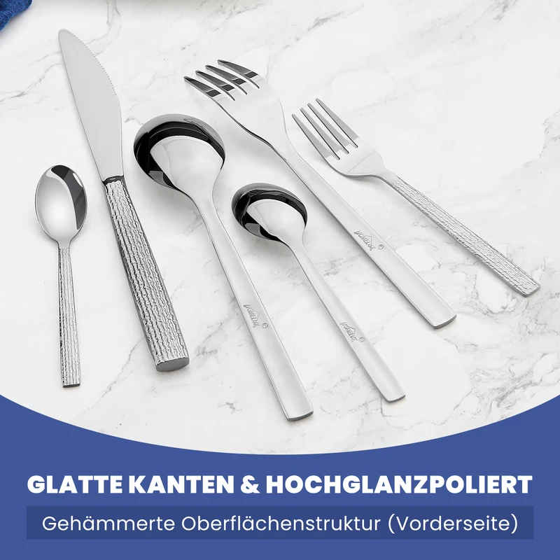 HOMELUX 72-teiliges Besteckset für 12 Personen, Edelstahl Tafelbesteck, Gehämmertes Design, Spülmaschinenfest