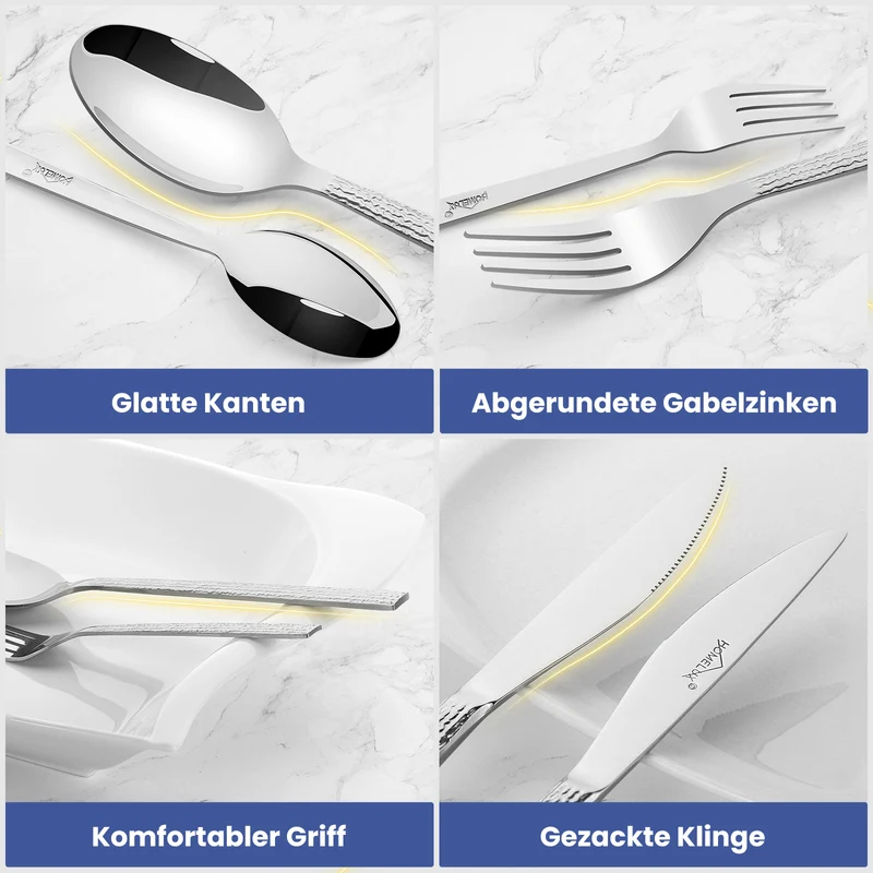 HOMELUX 72-teiliges Besteckset für 12 Personen, Edelstahl Tafelbesteck, Gehämmertes Design, Spülmaschinenfest