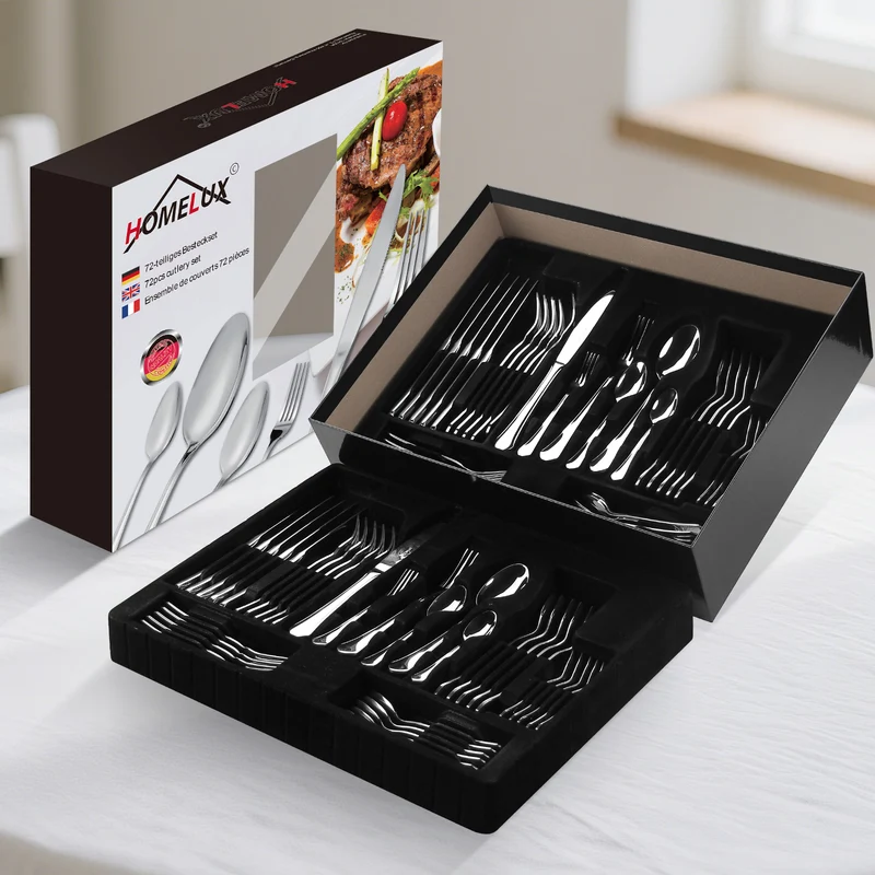 Homelux 72-teiliges Besteckset für 12 Personen, Edelstahl rostfrei, spülmaschinenfest, hochglanzpoliertes Tafelbesteck in Box