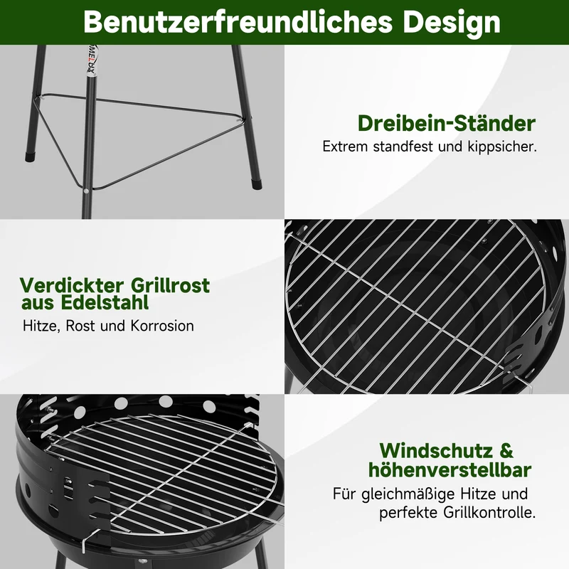 Tragbarer Holzkohlegrill mit Windschutz, höhenverstellbarer Dreibein Campinggrill für Garten, Balkon & Outdoor