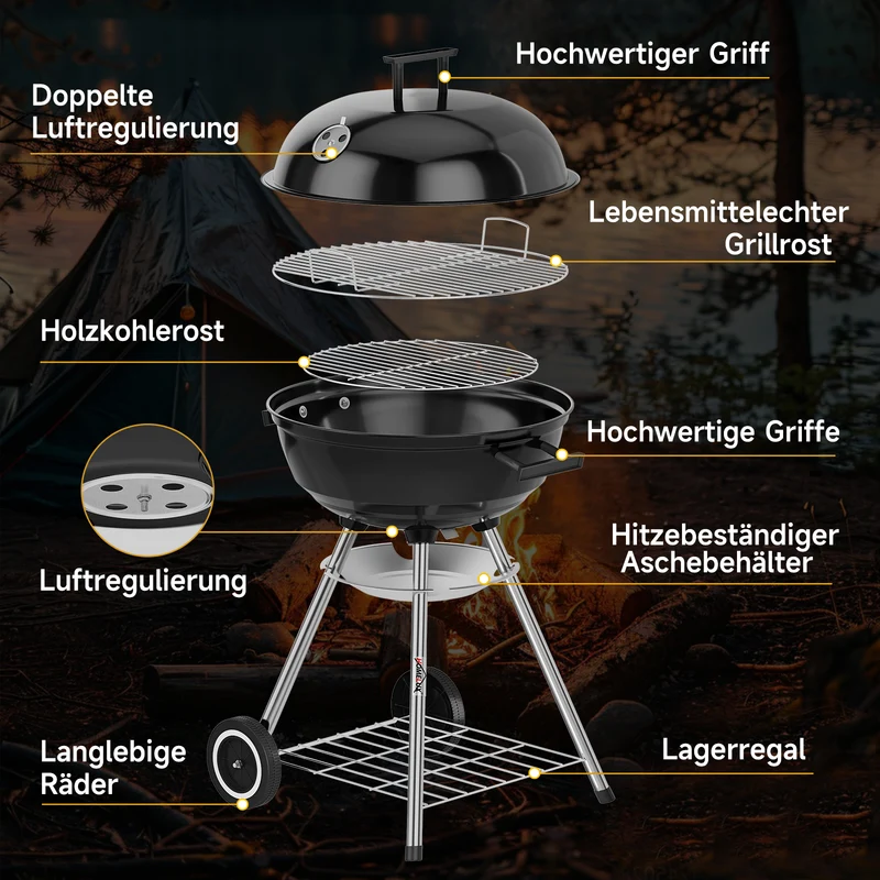 HOMELUX Holzkohlegrill,Ø 44cm Kugelgrill mit Deckel Grillfäche, Barbecue Smoker, BBQ Grill mit Einstellbarer Luftzufuhr & Ascheschale