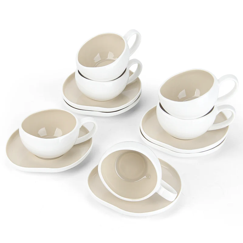 6-teiliges Keramik Cappuccinotassen Set mit Untertassen (200ml), gewelltes Design, Weiß/Creme, spülmaschinen- & mikrowellenfest