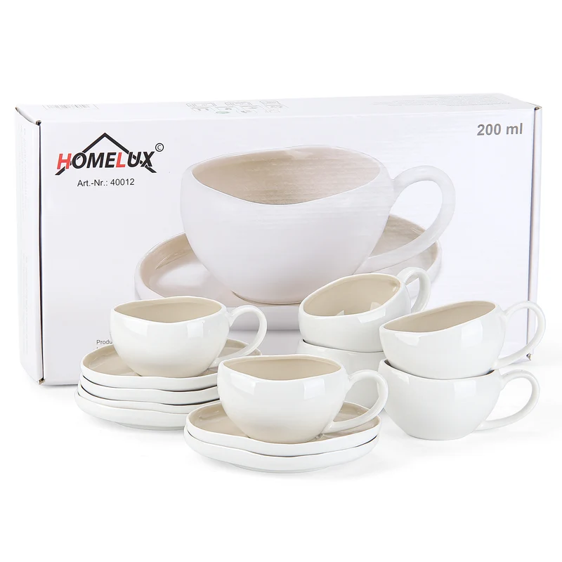 6-teiliges Keramik Cappuccinotassen Set mit Untertassen (200ml), gewelltes Design, Weiß/Creme, spülmaschinen- & mikrowellenfest