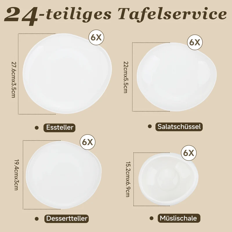 HOMELUX 24-teiliges Porzellan-Tafelservice für 6 Personen, modernes, weißes Geschirrset in asymmetrischer Form, spülmaschinenfest