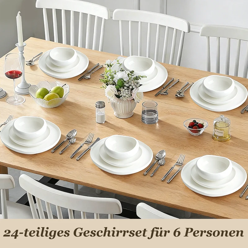 HOMELUX 24-teiliges Porzellan-Tafelservice für 6 Personen, modernes, weißes Geschirrset in asymmetrischer Form, spülmaschinenfest