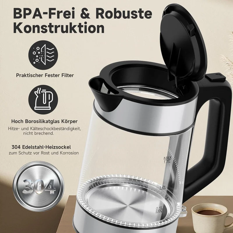 HOMELUX 1,7L Glaswasserkocher mit blauer LED, 2200W, Borosilikatglas, Edelstahl, BPA-frei, Automatische Abschaltung & Trockengehschutz