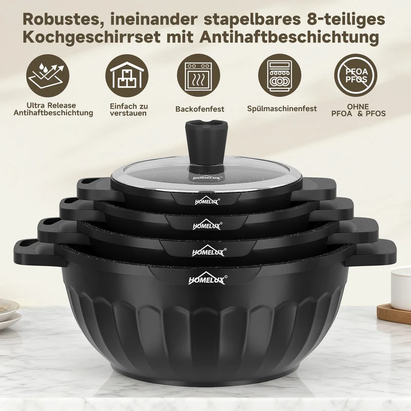 HOMELUX Topf-Set 8-tlg Kochtopf Set Induktions 20-32 cm, PFOA-fre Töpfe Set mit Deckel