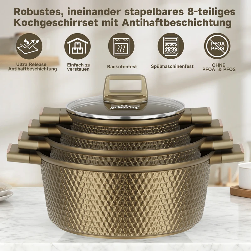 HOMELUX Kochtopf-Set, 8-teilig, mit Diamant-Struktur und Induktionsboden