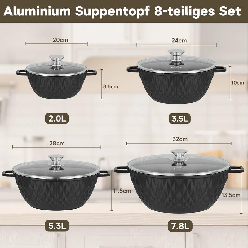 HOMELUX Aluguss Kochtopfset 8-teilig Induktion, Antihaft Topfset mit Glasdeckel, 20-32 cm, PFOA-frei