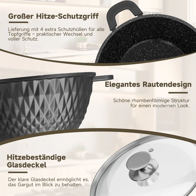 HOMELUX Aluguss Kochtopfset 8-teilig Induktion, Antihaft Topfset mit Glasdeckel, 20-32 cm, PFOA-frei