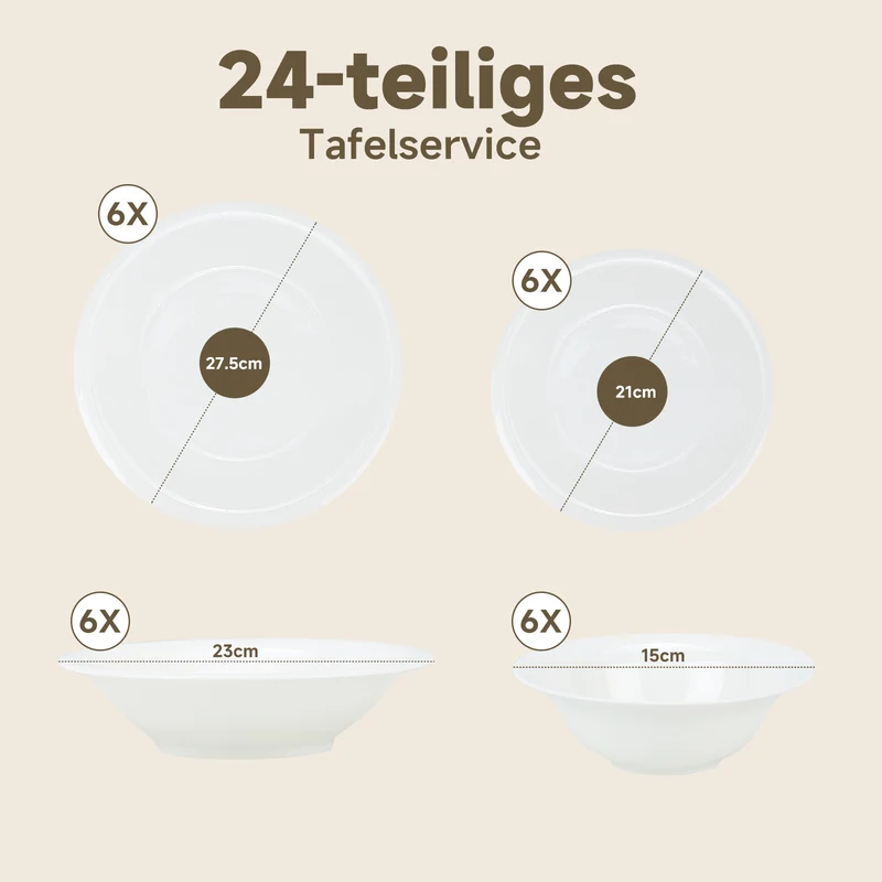24-teiliges Keramik-Tafelservice in Weiß hochwertiges, zeitloses Geschirrset für 6 Personen