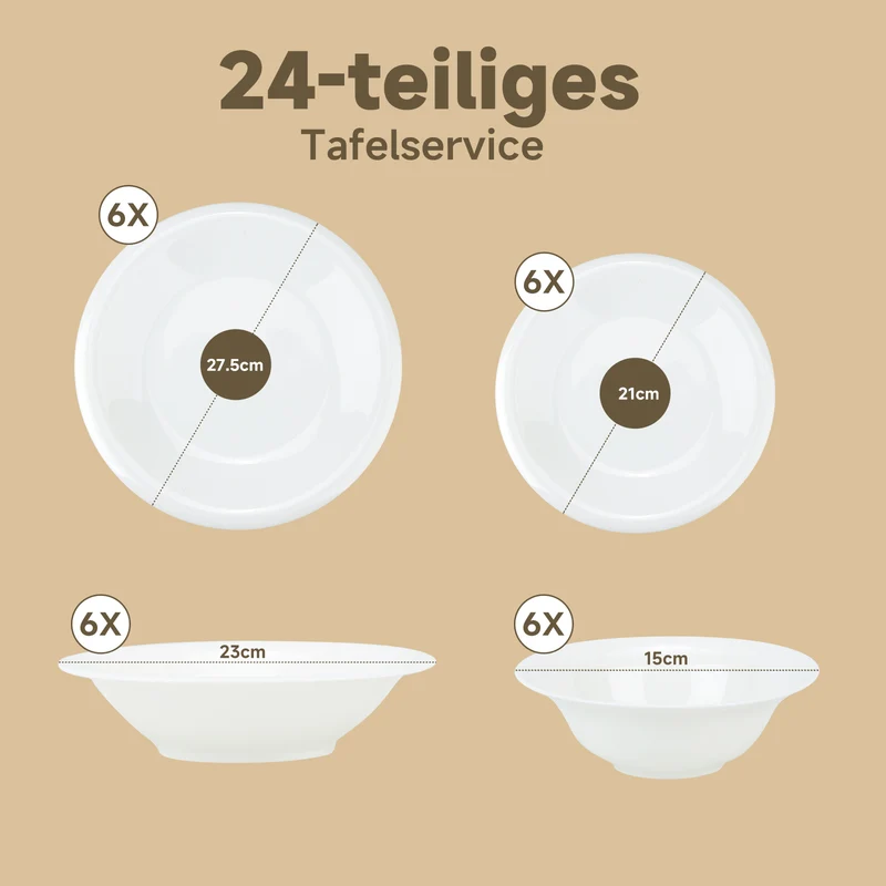 Hochwertiges 24-teiliges Keramik-Tafelservice in Weiß zeitloses Design für 6 Personen