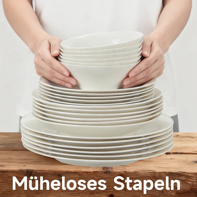 24-teiliges Keramik-Geschirrset für 6 Personen, spülmaschinenfest, modernes Rillendesign