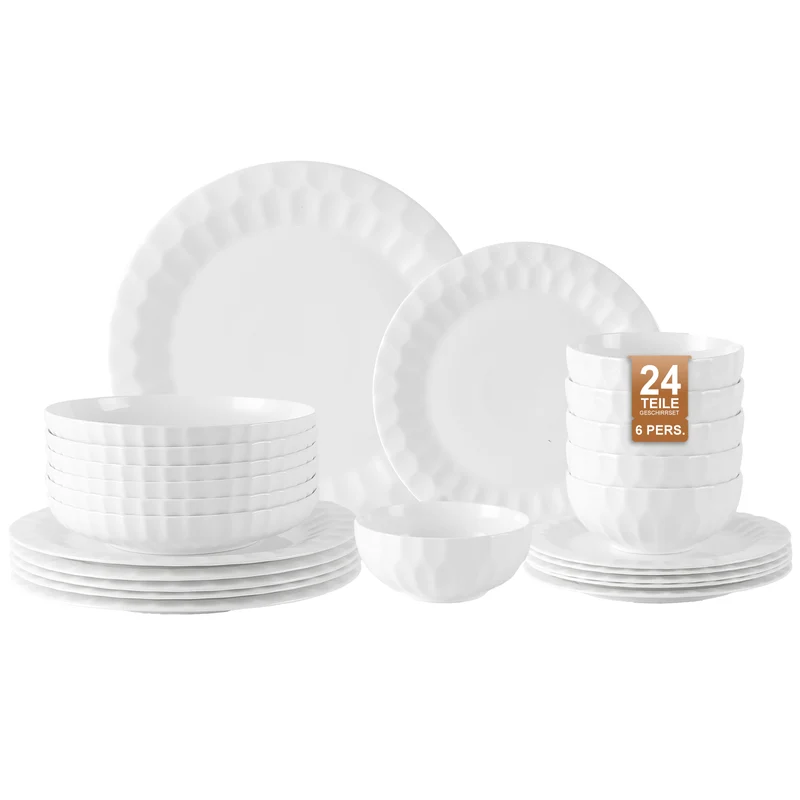 24-teiliges Keramik-Tafelgeschirr-Set für 6 Personen in elegantem Relief-Design, spülmaschinenfest