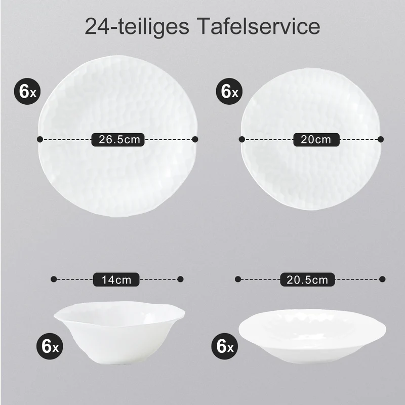 24-tlg. Porzellan-Tafelservice für 6 Personen, Hammerschlag-Optik, spülmaschinenfest
