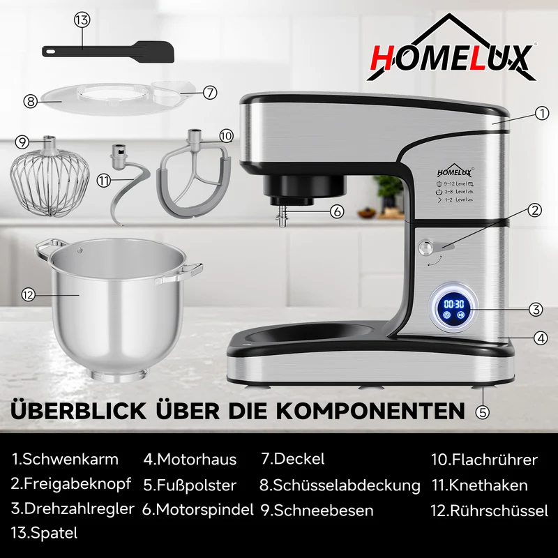 2800W 16L XXL HOMELUX Küchenmaschine mit 16L XXL Edelstahl-Schüssel und digitaler Steuerung