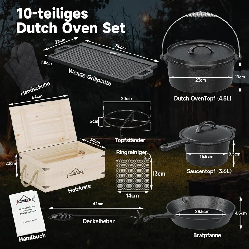 Topf-Set 10-tlg. Dutch Oven Set in Holzkiste Kochtopf Grillplatte Stieltopf Einsetzbar auf Gas Induktionsherden, offenen Flammen und Backöfen