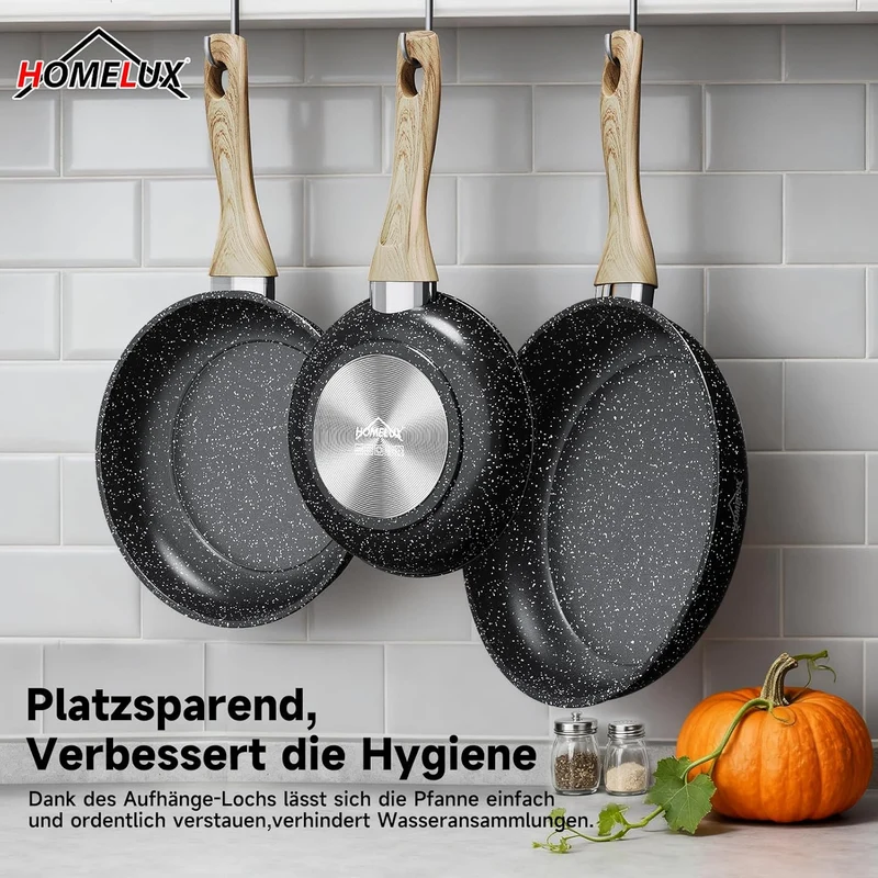 HOMELUX Pfannenset 3-teilig 20/24/28 cm, Antihaft Bratpfannen aus Kohlenstoffstahl mit Holzgriff, induktionsgeeignet