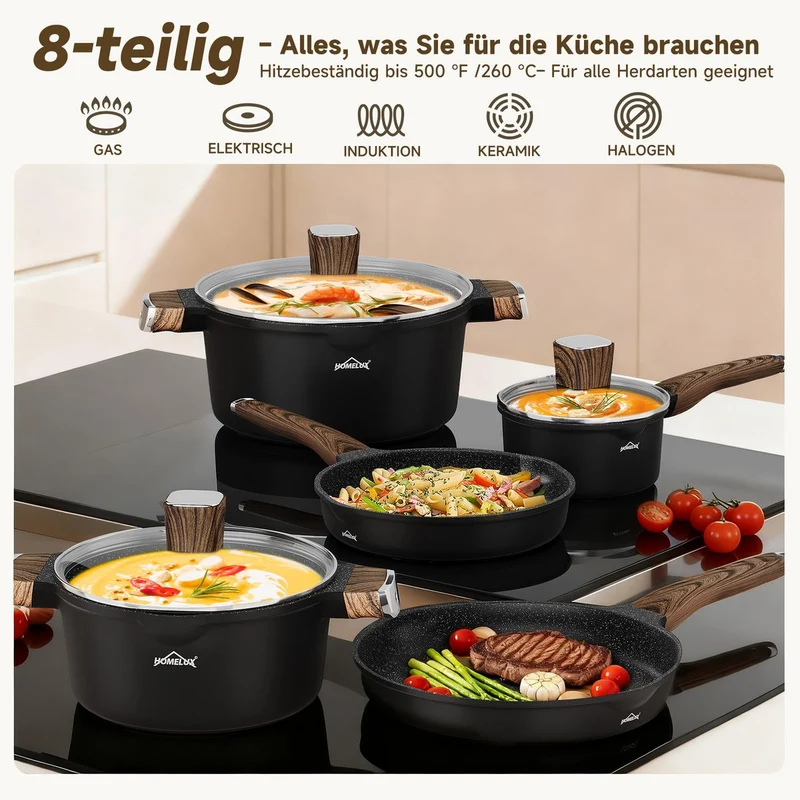 HOMELUX Topf-Set 8-teiliges Induktions-Topfset aus Aluminiumguss mit Deckeln