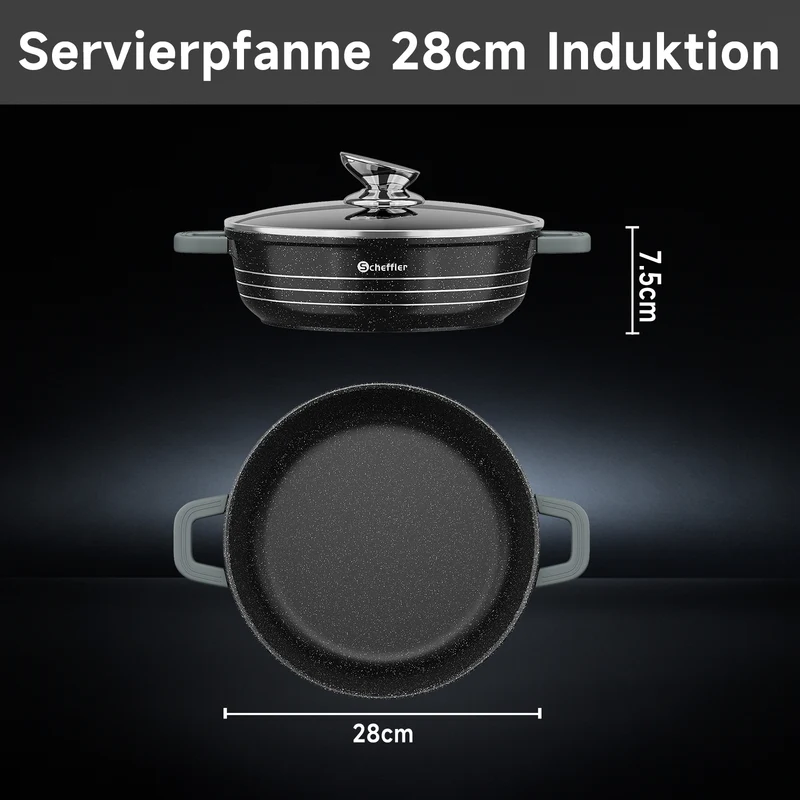 Scheffler Induktions-Servierpfanne aus Aluminiumguss mit marmorierter Antihaftbeschichtung, Glasdeckel und hitzebeständigem Silikongriff