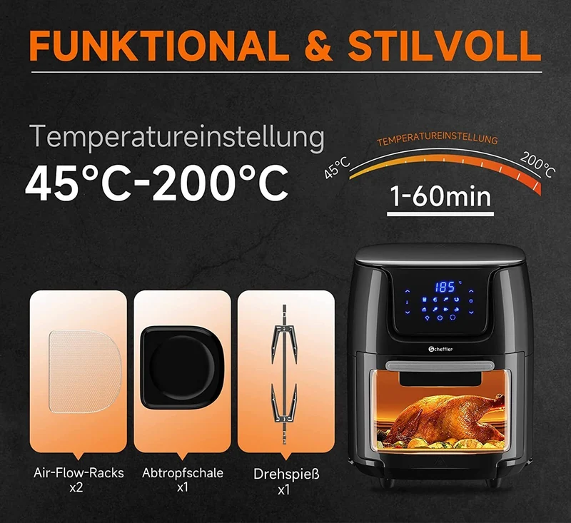 Airfryer XXL Heißluftfritteuse 12L Heissluft Fritteuse Minibackofen 1800W