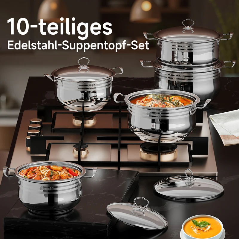 22/24/26/28/30 cm Topfset Scheffler Edelstahl Topfset 10-teilig, Kochgeschirr mit Deckeln