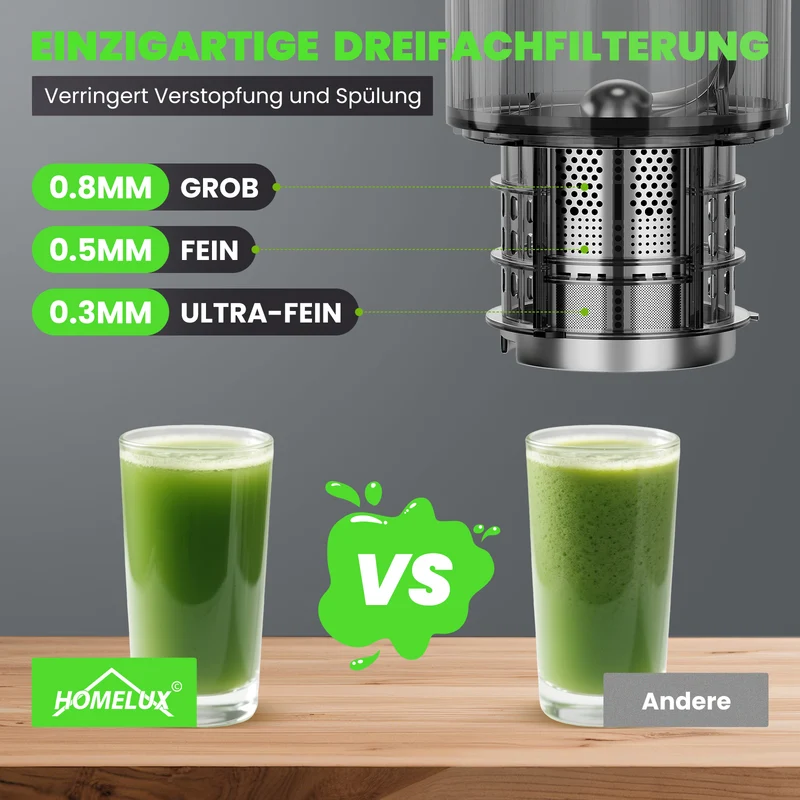 HOMELUX Slow Juicer 220W, 126mm XXL Einfüllschacht für Ganze Früchte, Elektrischer Entsafter Kaltpresse mit 2 Bechern