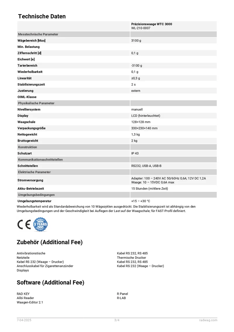 Präzisionswaage RADWAG WTC | Höchstlast: 200 g / 600 g / 2000 g / 3100 g | Ziffernschritt: 0,001 / 0,01 / 0,1 g
