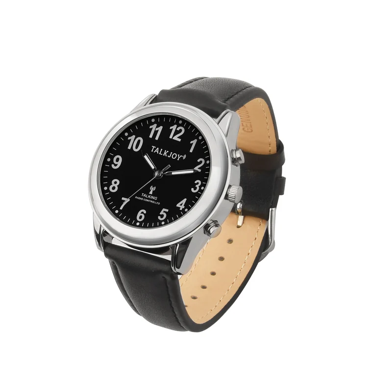FUNKUHR Herren Uhr Sprechende Lederarmband SILBER Blindenuhr Funk-Armbanduhr schwarzes Zifferblatt