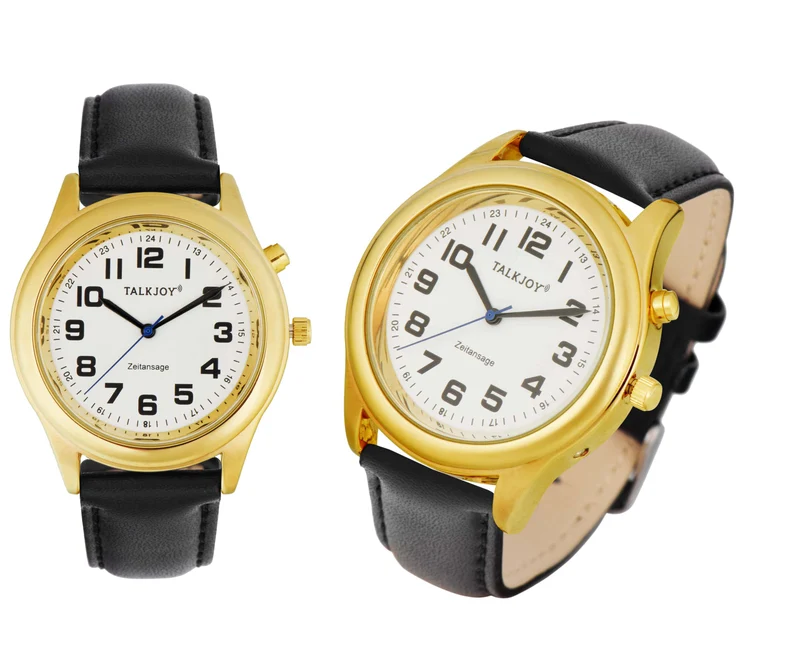 ENGLISH LEDER Herren Sprechende Armbanduhr GOLDENE Uhr Blindenuhr Sprachausgabe