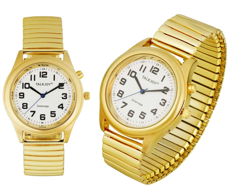 French Herren Sprechende Armbanduhr GOLDENE Uhr Blindenuhr Sprachausgabe Datum