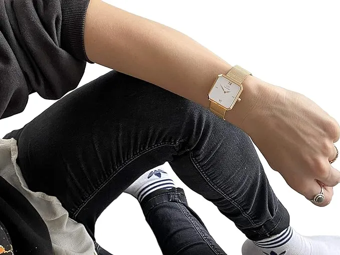 Premium Damenuhr Edelstahl elegante Armbanduhr quadratisch rechteckig Damen Uhr eckig mesh Armband Edelstahl Swiss Uhrwerk Saphire Glas kratzfest 3m 3ATM Wasserfest - Mary