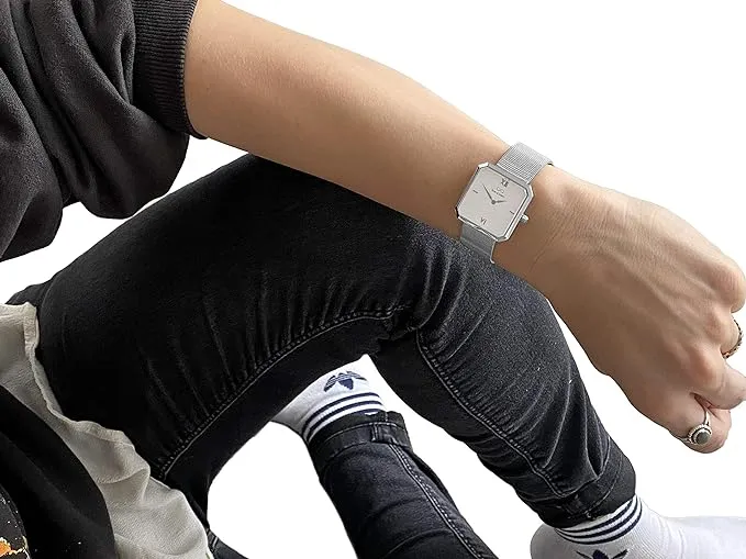 Premium Damenuhr Edelstahl elegante Armbanduhr quadratisch rechteckig Damen Uhr eckig mesh Armband Edelstahl Swiss Uhrwerk Saphire Glas kratzfest 3m 3ATM Wasserfest - Mary