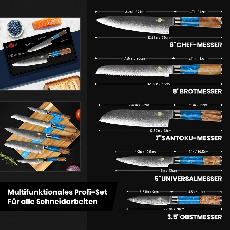 5-teiliges Profi Kochmesser Set – Superscharf, ergonomisch, rostfrei – Chefmesser, Santoku, Brotmesser, Universalmesser