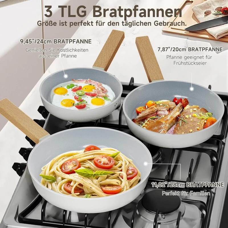 Scheffler Pfannenset 20/24/28cm Bratpfannen mit Antihaft-Beschichtung, Induktionsgeeignet für alle Herdarten