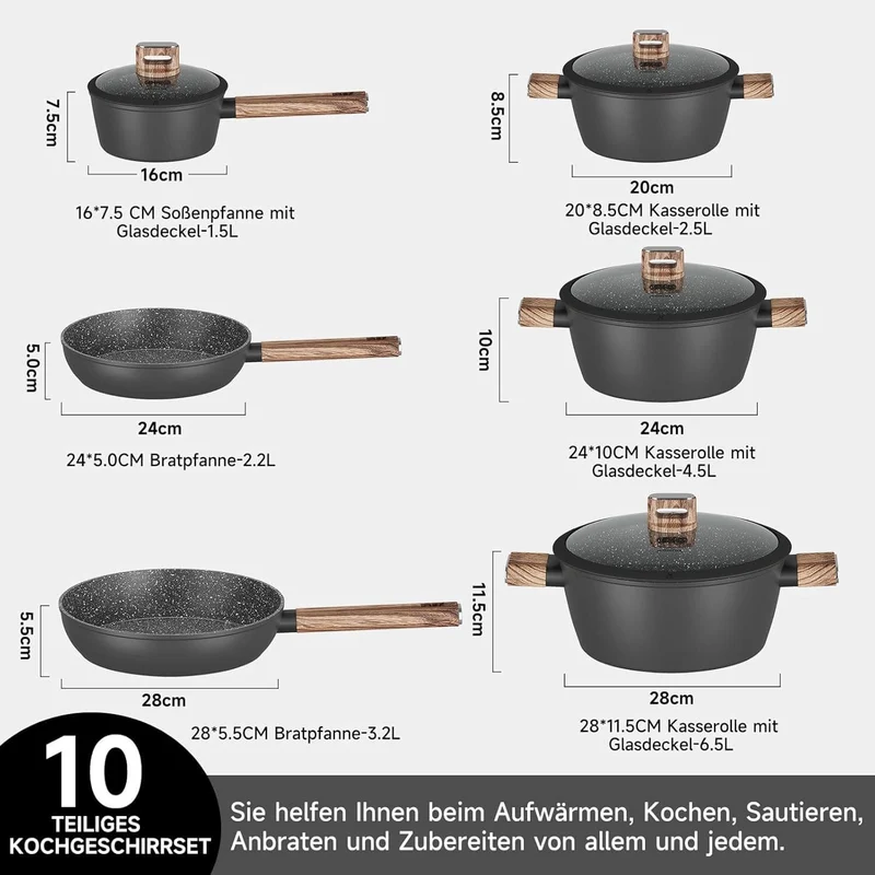 10-teiliges Topfset Induktion Antihaft, hitzebeständig, aus Aluminium mit Glasdeckeln ideal für alle Herdarten