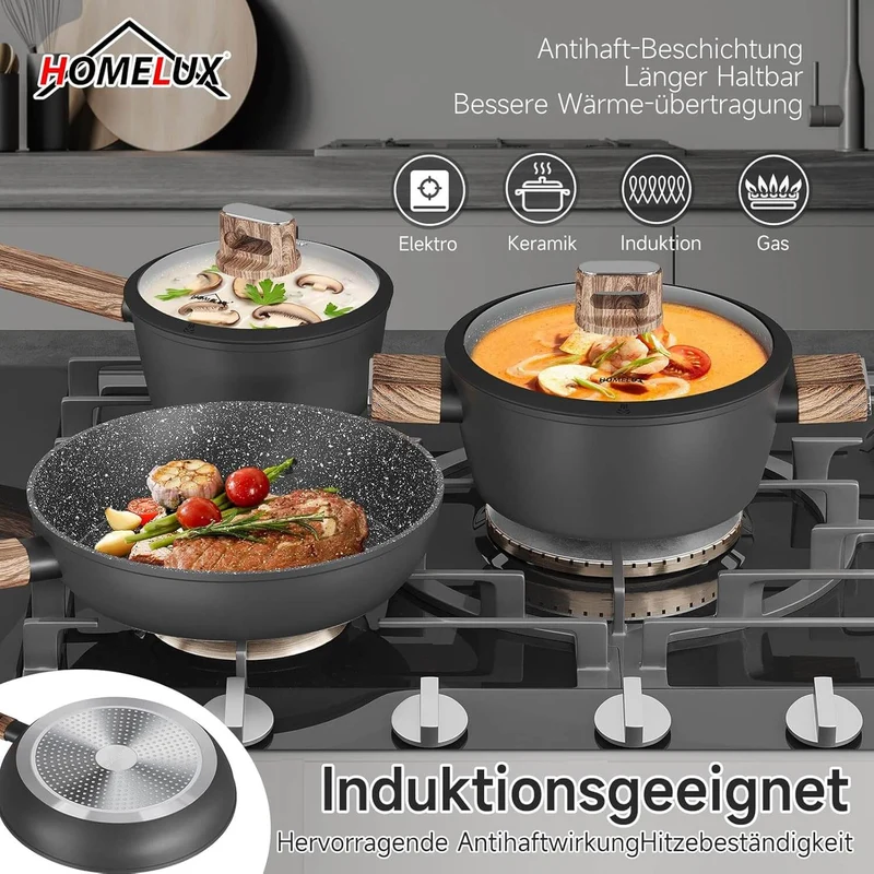 10-teiliges Topfset Induktion Antihaft, hitzebeständig, aus Aluminium mit Glasdeckeln ideal für alle Herdarten