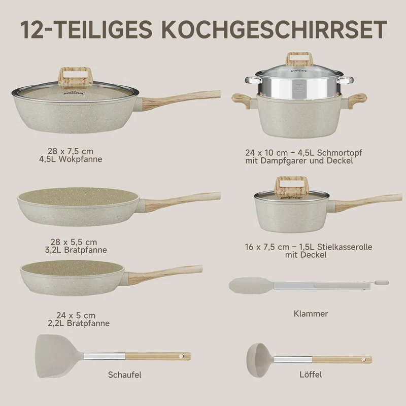 12-tlg Topf und Pfannen Set Topfset Induktion 12-teilige Kochtopf mit Glasdeckel Töpfe und Bratpfanne Set