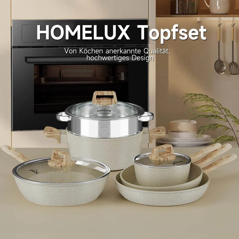 12-tlg Topf und Pfannen Set Topfset Induktion 12-teilige Kochtopf mit Glasdeckel Töpfe und Bratpfanne Set